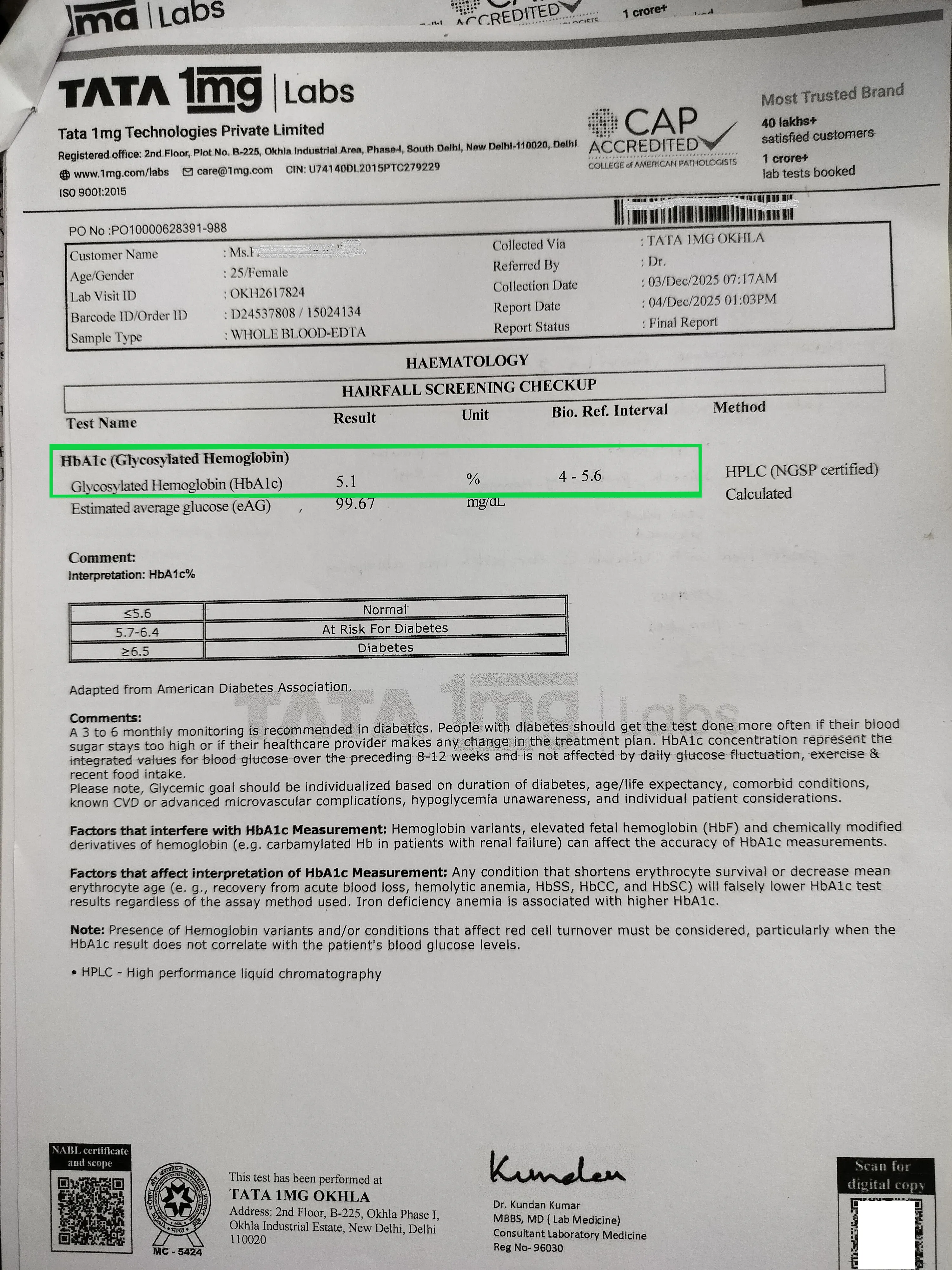 My wife's HbA1c level in 2025