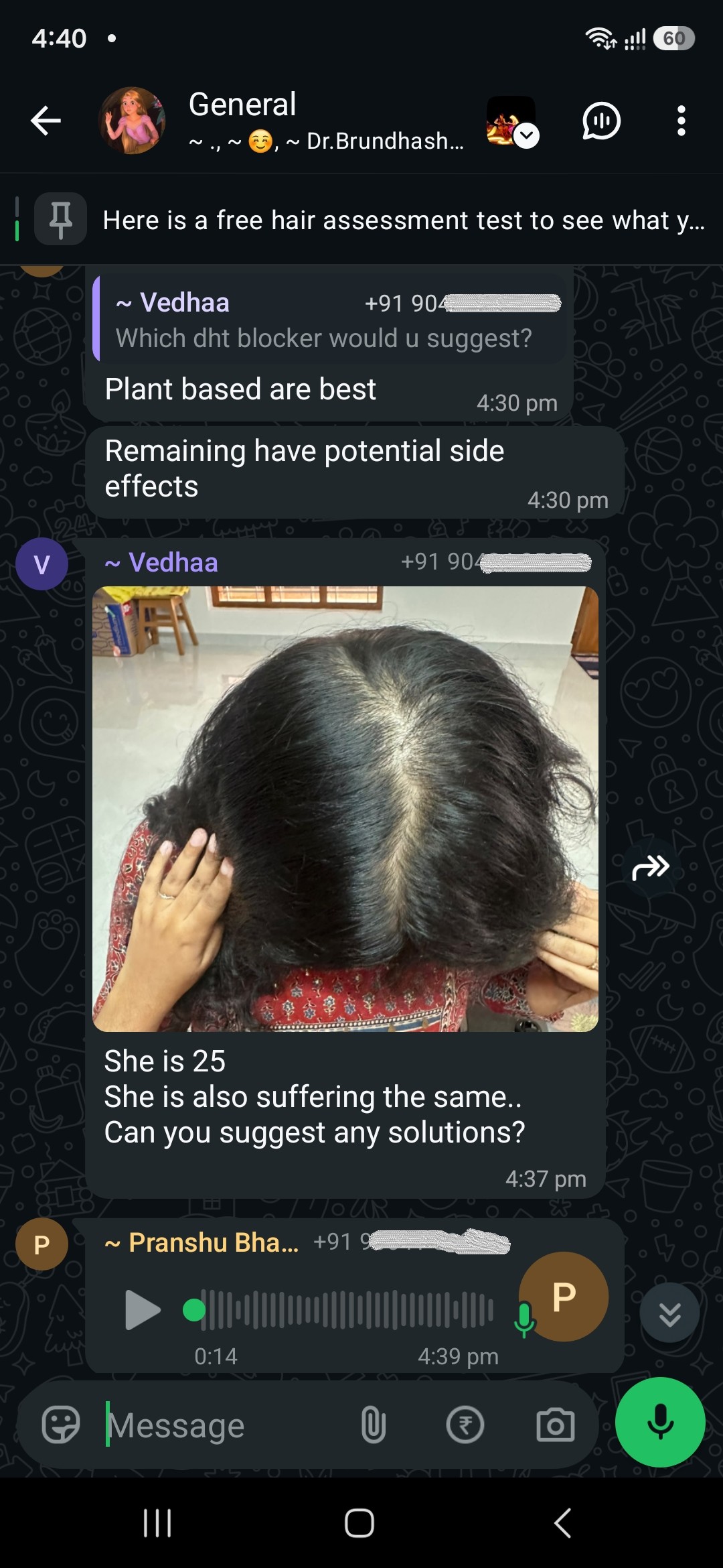 Twenty-five. Just above her, someone asks which DHT blocker to use and is told the plant-based ones are best, because the rest carry side effects.